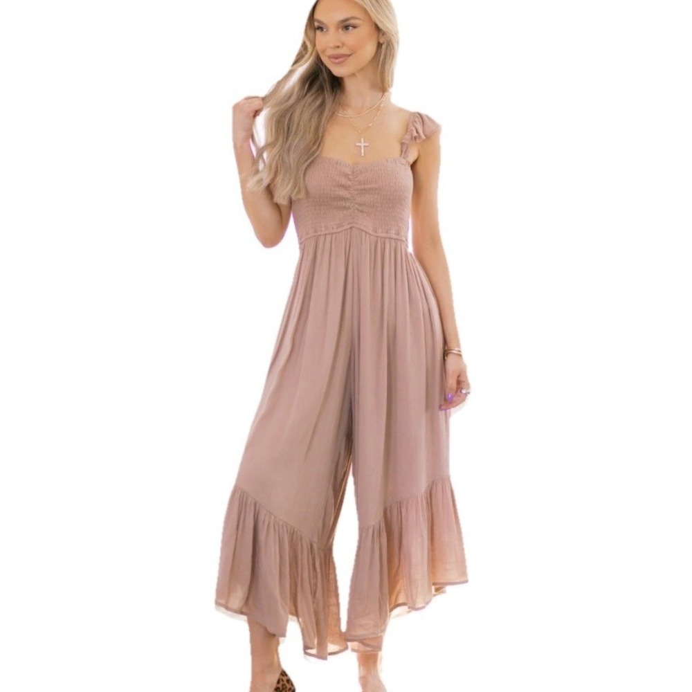 Sweet Lovely By Jen Boho Wide-Leg Jumpsuit Smocked Bodice Mocha Sz S 0-4